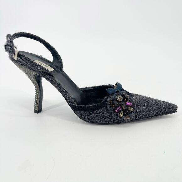 Vintage Prada Gray Tweed Crystal Bow Detail Slingback Pointed Toe Heels IT 38.5 - Picture 2 of 11